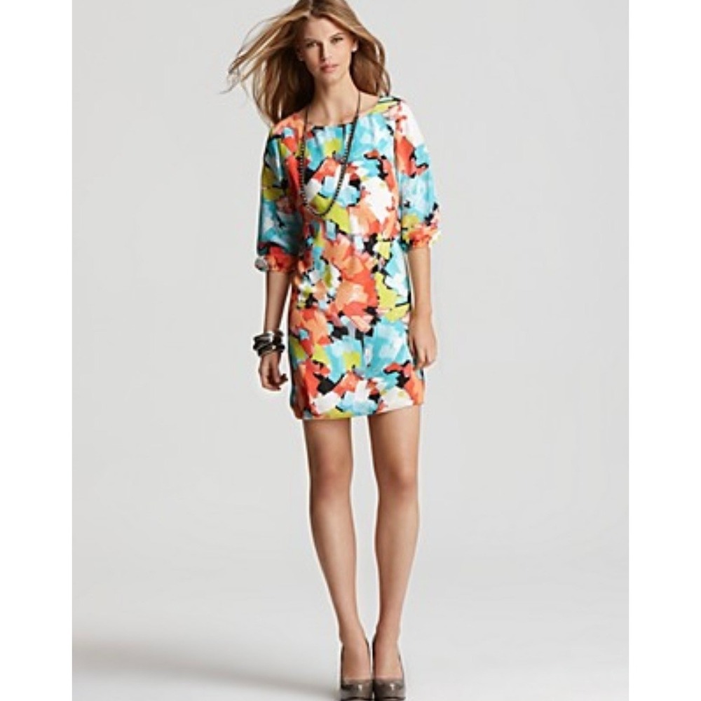 Trina Turk Dress 100% Silk Sz 4 Colorful Abstract Print Mini Shift Party Resort